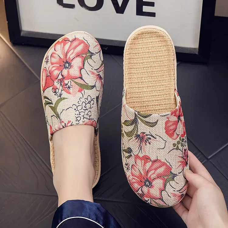 春秋季室内舒适透气亚麻四季居家布艺凉拖鞋男女情侣地板软底家用