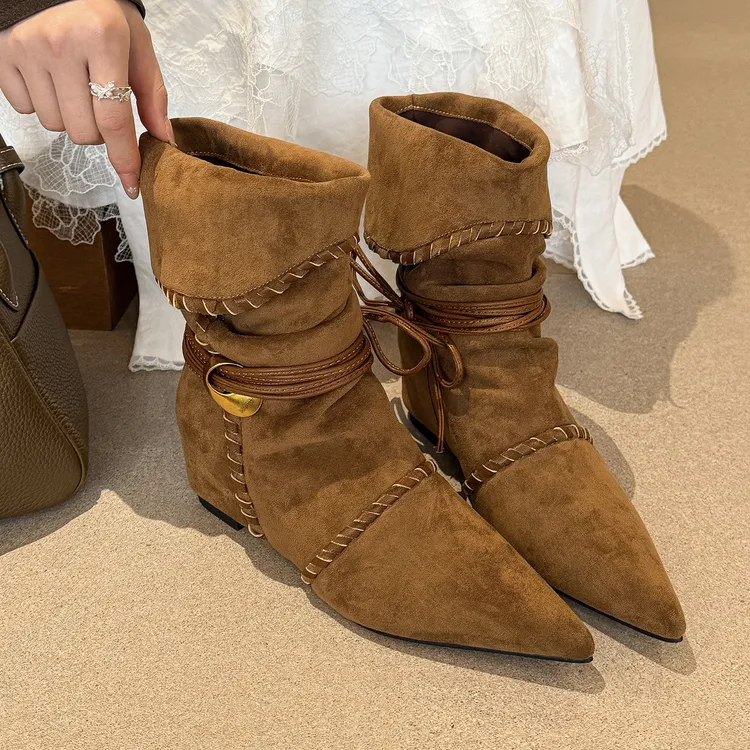 elingstudio 编织游牧！棕色尖头金属绑带短靴女两穿内增高靴子女