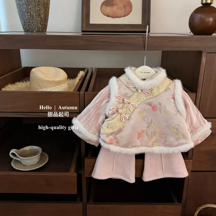 【甜品起司】粉色锦鲤！女童国风加厚新年丝绒拜年服刺绣裤子套装