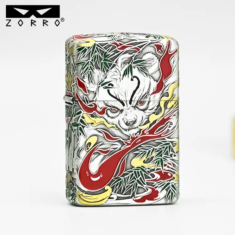 ZORRO3D立体浮雕珐琅彩练功熊猫防风煤油打火机五面环绕男士礼物