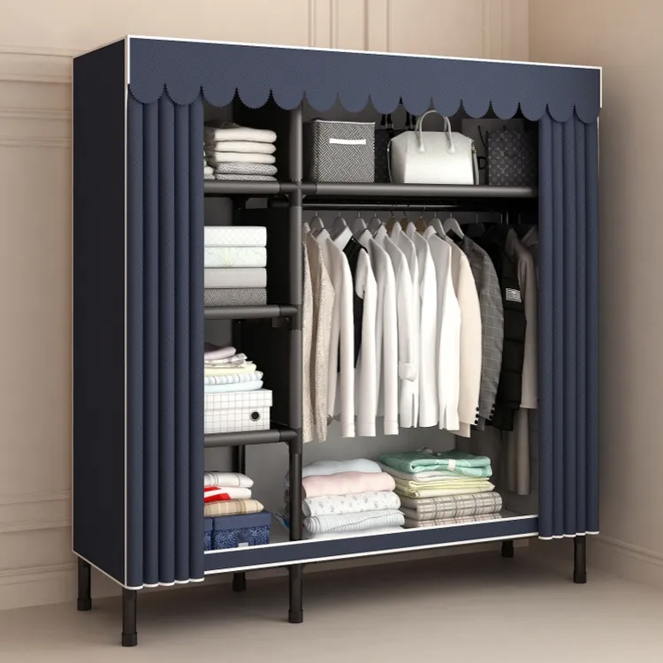 简易布艺衣柜组装家用卧室新型全钢架加厚粗出租房经济型收纳衣橱