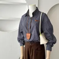 2025秋季现款美式慵懒风格子衬衫外套女小狗刺绣蓝色格纹衬衣