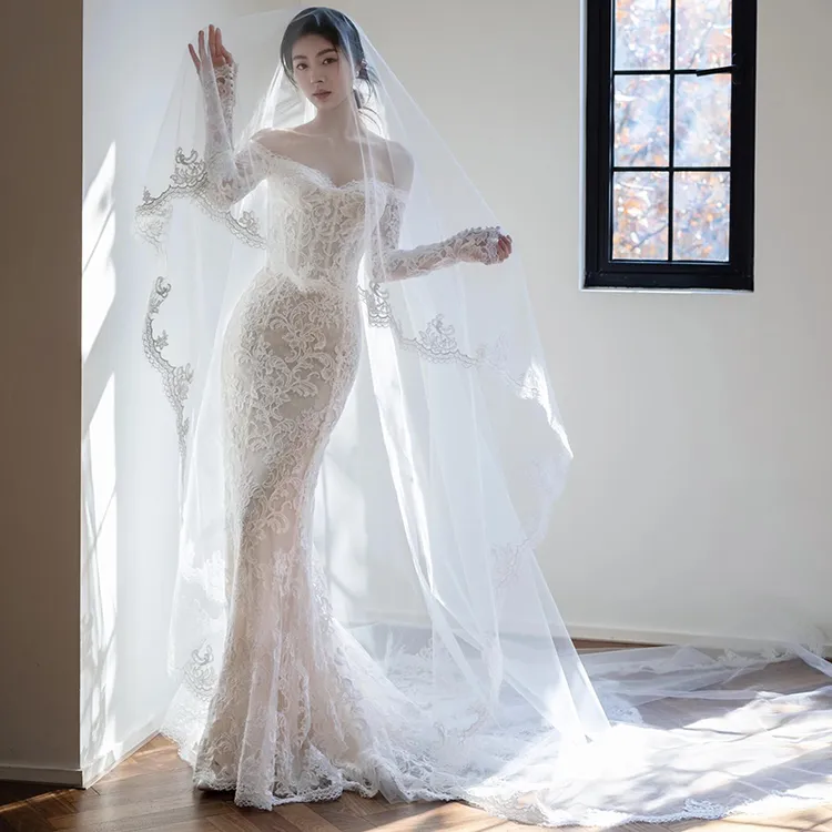 复古重工蕾丝头纱法式长款拖尾高级感新娘结婚主婚纱跟妆造型头饰