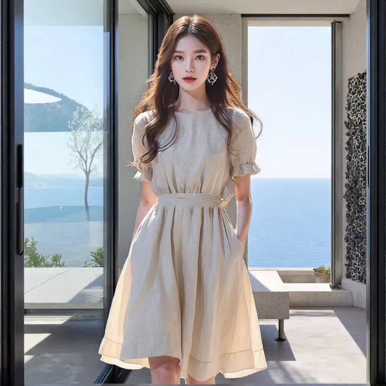 小个子显高大方得体的杏色连衣裙子女2025新款夏季轻奢高级感