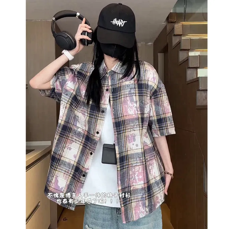 美式高街扎染格子衬衫短袖夏季薄款复古氛围感小众设计感大码衬衣