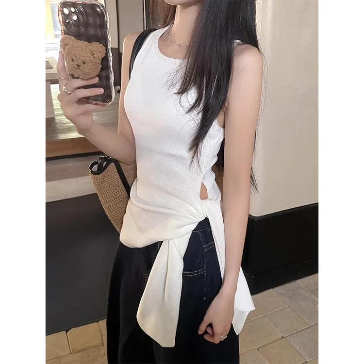 设计感绑带针织吊带背心女夏季辣妹修身百搭白色紧身上衣新款韩系