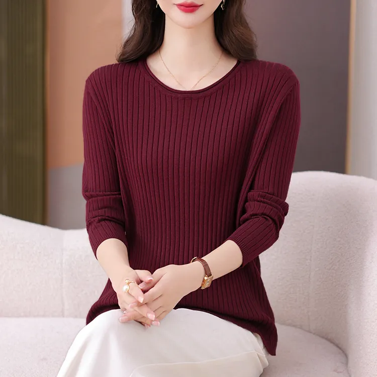 大码针织衫女款爆款2025新款秋冬圆领宽松纯色简约百搭休闲打底衫