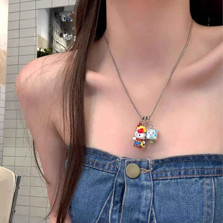 合金项链 童趣多巴胺 萌趣卡通Kitty猫骰子吊坠项链少女感配饰夏