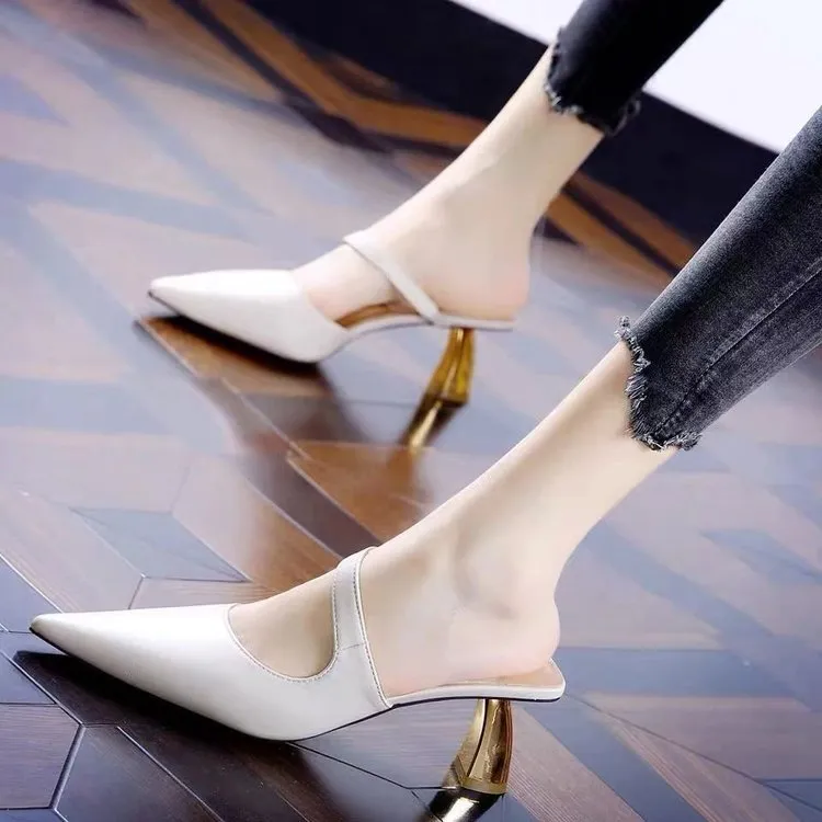 粗跟包头凉拖鞋女外穿2025夏新款小清新气质尖头拖鞋仙女风高跟鞋