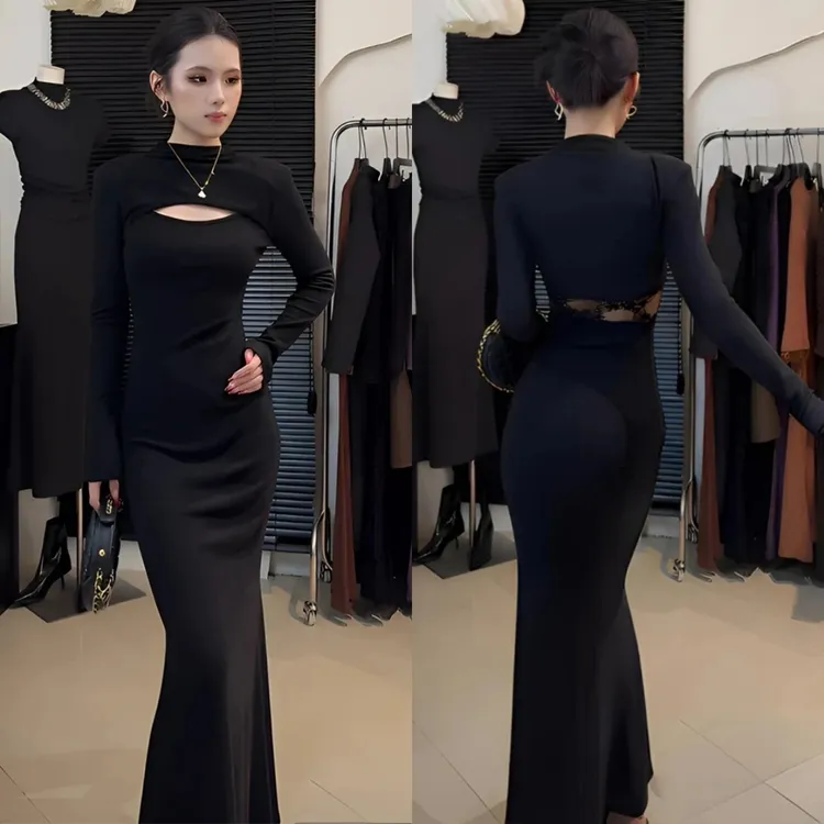 纯欲风镂空蕾丝长袖连衣裙女秋冬2025新款高级收腰显瘦包臀鱼尾裙