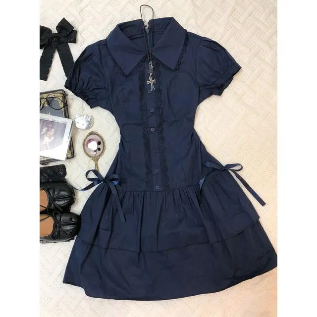 vintage复古蓝色复古衬衫连衣裙穿搭学院风蕾丝边拼接古着风短裙