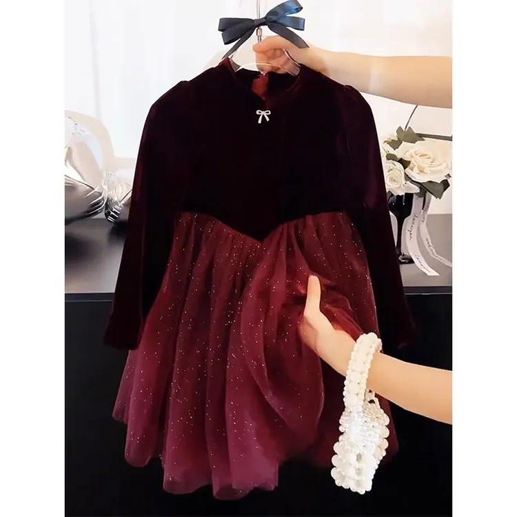 女童连衣裙丝绒网纱裙女孩公主裙加绒新年款儿童过年冬季拜年服