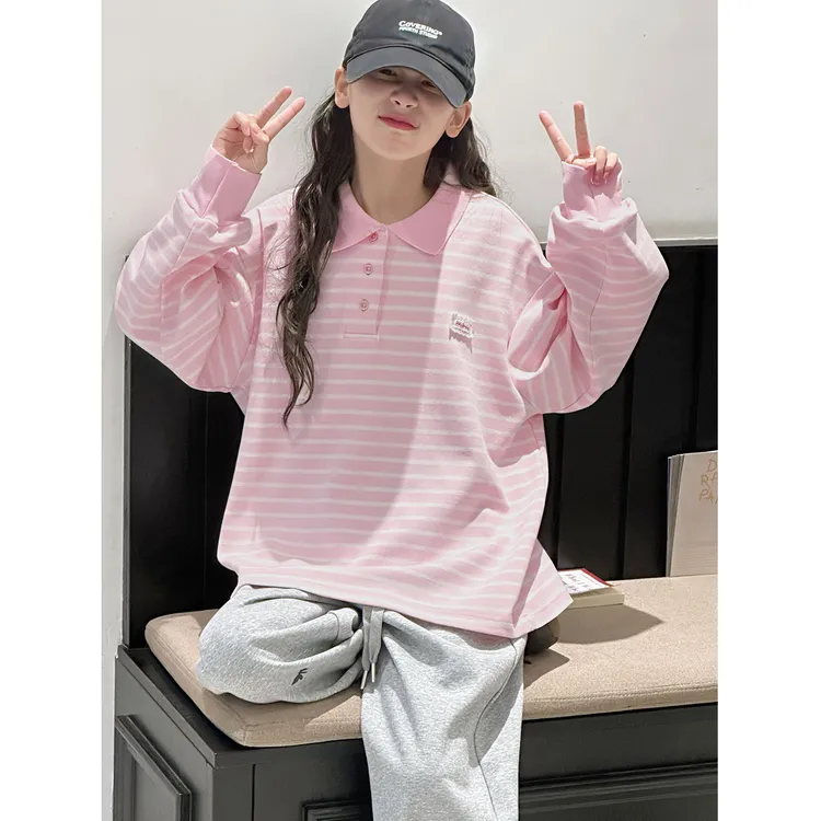 K29771孙小美韩系女童polo衫卫衣2025秋装新款儿童条纹上衣服春秋
