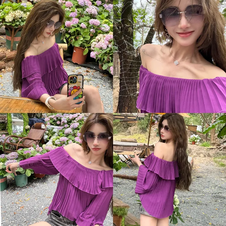 浪漫荷叶边葡萄紫一字肩上衣