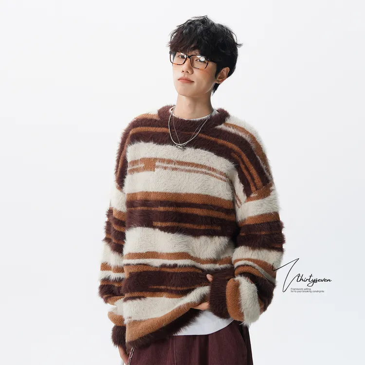 V37美式复古防马海毛衣男秋季慵懒风针织衫潮牌宽松情侣圆领外套