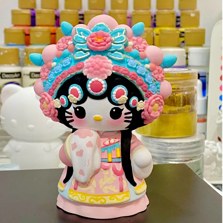 戏曲HelloKitty石膏娃娃涂色手工绘画摆件传统文化玩具diy