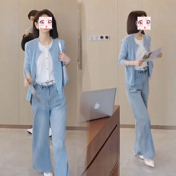 2025早秋精致穿搭假两件长袖针织开衫直筒牛仔裤子小清新两件套装