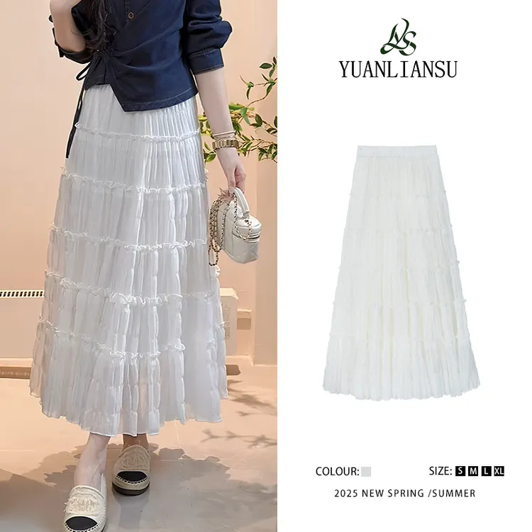 【纯白恋曲】2025新款法式中长款蛋糕裙半身裙女