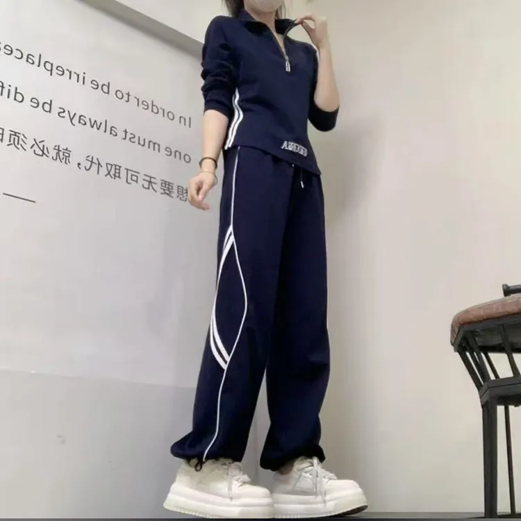 春秋季运动拼色拉链时尚上衣裤子套装洋气极简风减龄
