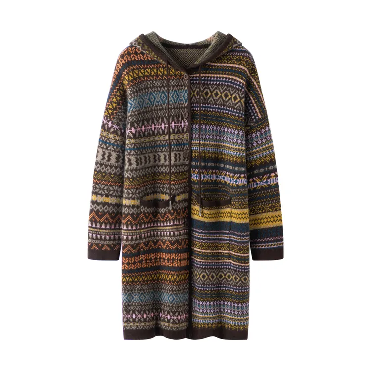 【琥珀】100山羊绒连帽长款针织羊绒外套小个子可穿CYR25048