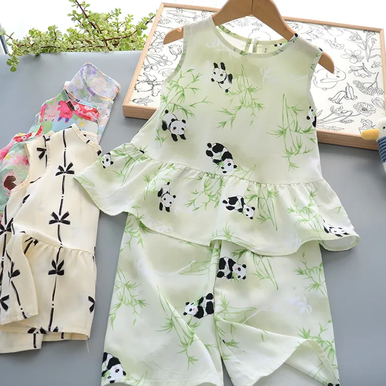 女童夏季套装新款人棉两件套 棉绸居家服睡衣 绵绸阔腿裤两件套