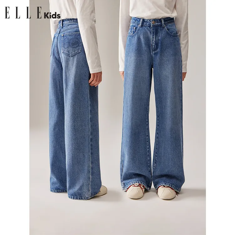 ELLE KIDS 水洗刺绣牛仔裤女童秋季新款周年系列直筒百搭裤子Q1