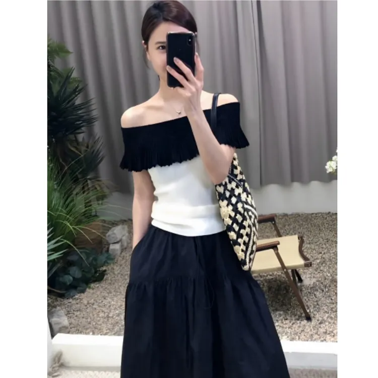 法式高级荷叶边一字肩上衣女2025夏季新款冰丝针织小衫设计感小众