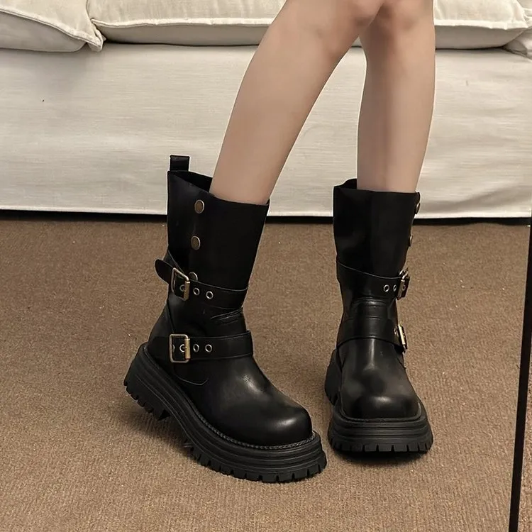 【曼曼】6cm美拉德靴子皮带扣增高英伦风短靴