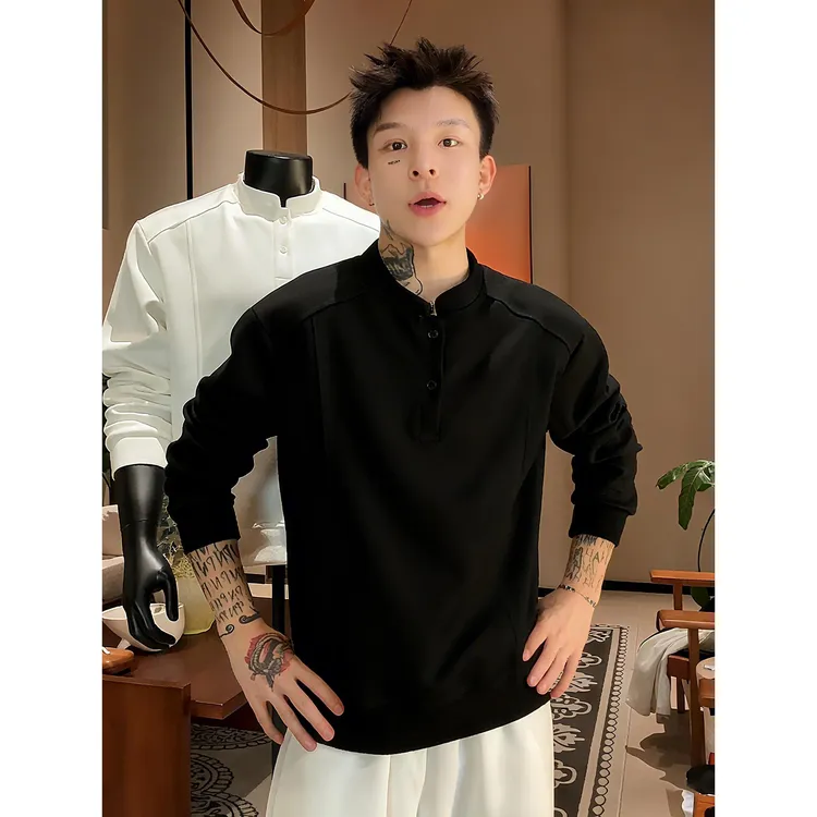 黑色解构正肩亨利领卫衣男秋冬加绒长袖T恤美式重磅修身显瘦上衣