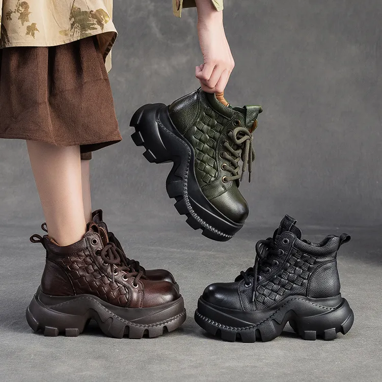 头层牛皮编制短靴女厚底高跟2025新款秋百搭马丁靴松糕显脚长显高