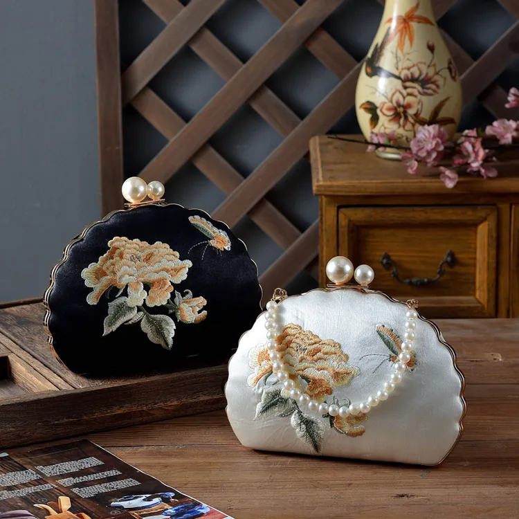 中式旗袍女包国风刺绣手提包古风汉服手拿包刺绣花朵包宴会礼服包