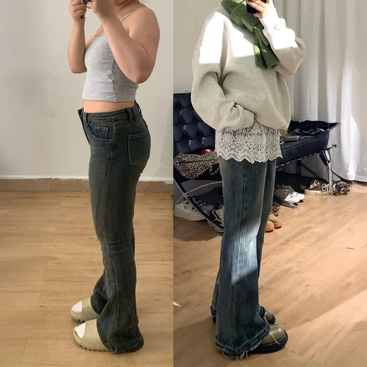美式复古蓝毛边微喇牛仔裤女秋季新款胖妹妹mm高腰显瘦直筒阔腿裤