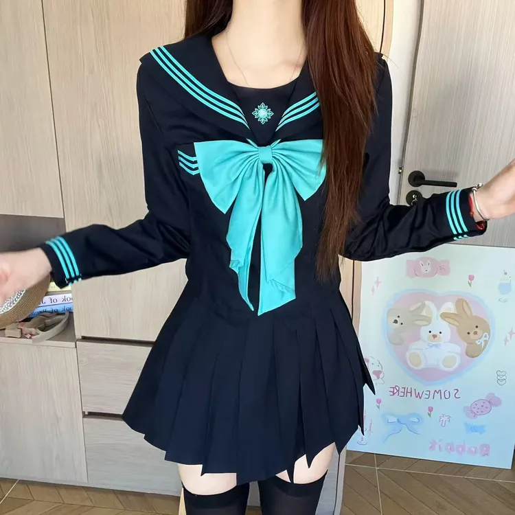 正版JK制服青三本水手服校供感女学院风短袖百褶裙日系学生套装