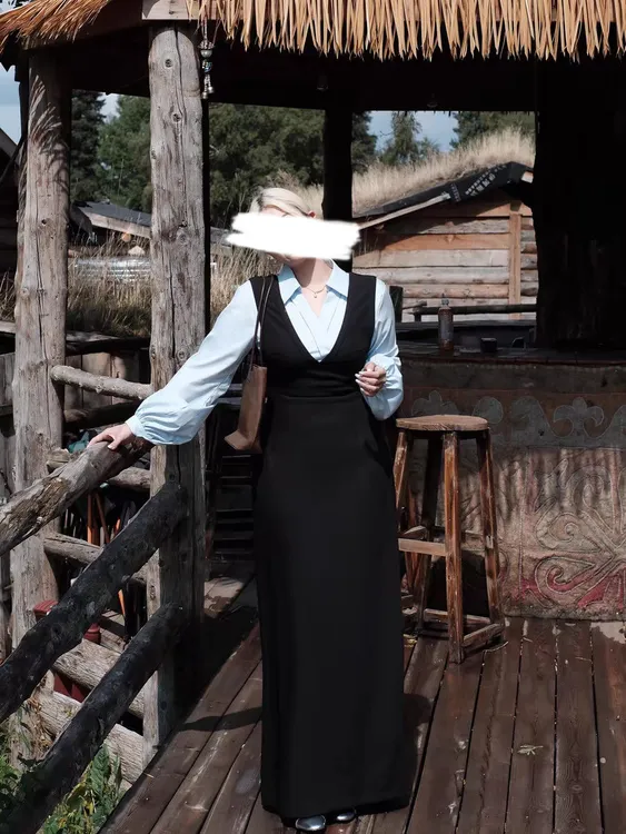 大码女装假两件长袖连衣裙女秋季设计感绑带收腰显瘦衬衫裙长裙子