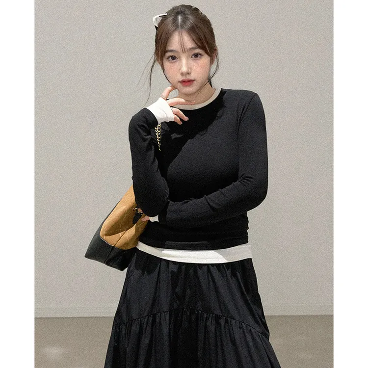 秋冬季撞色假两件长袖内搭t恤女修身百搭显瘦减龄打底衫上衣5109