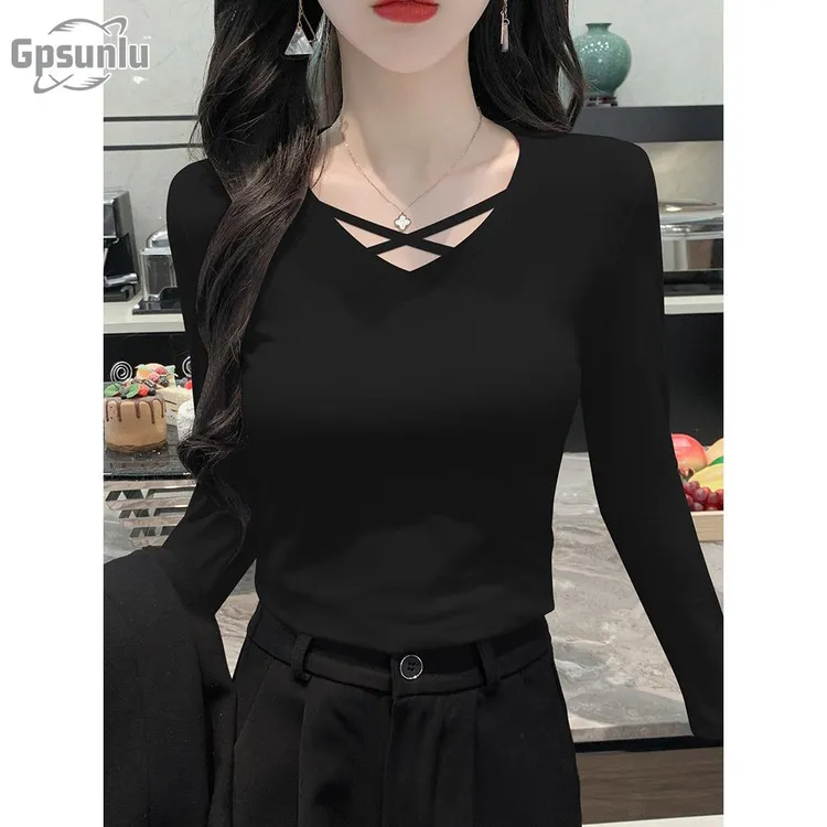 gpsunlu长袖女性交叉性感春秋衬衫显瘦洋气百搭打底设计感修身