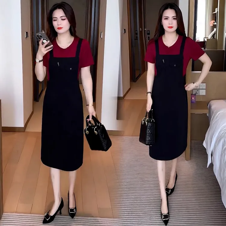 时尚牛仔连衣裙女夏季新款洋气宽松显瘦假两件拼接中长款背带裙潮