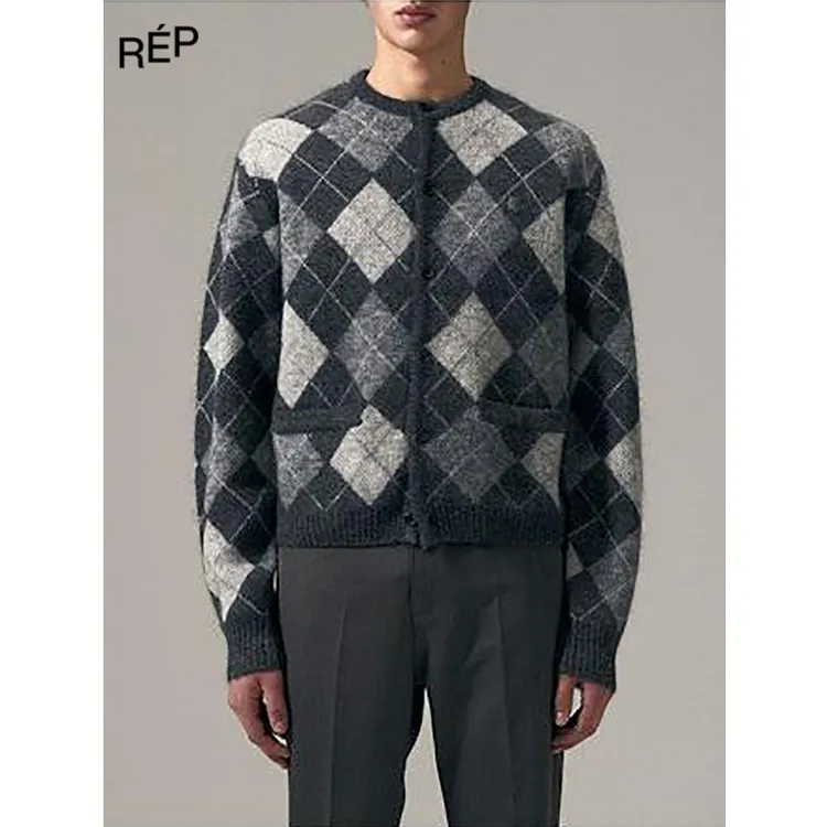 【6折】REP-NOICE设计师品牌棕/灰菱格圆领针织外套（特价NO退换）