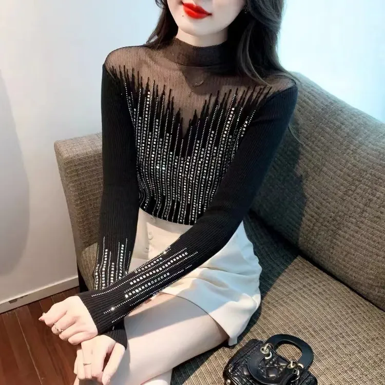 轻奢重工烫钻网纱拼接半高领长袖毛衣女上衣甜辣针织衫打底衫2138