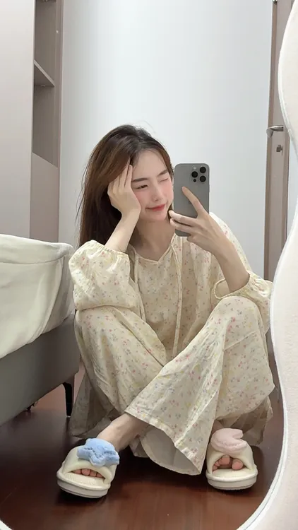 2025秋季新款100%纯棉A类母婴级睡衣韩系碎花宽松套头居家可外穿