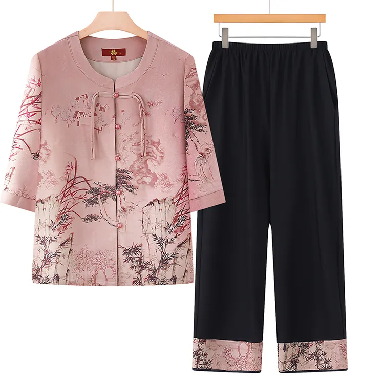 奶奶装夏装中袖舒适老人妈妈夏季国风开衫老太太上衣60--80岁套装