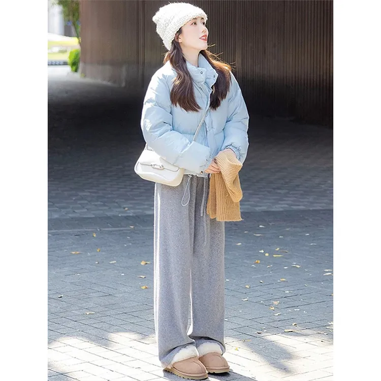 蓝色短款立领羽绒服女秋冬设计感小个子轻薄白鸭绒面包服棉袄外套