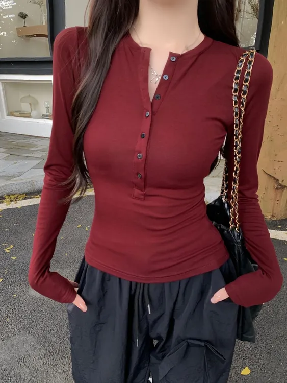 春秋季新款长袖T恤女收腰纽扣百搭修身显瘦洋气小众v领打底衫上衣