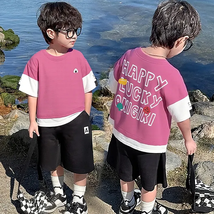 男童纯棉假两件短袖T恤春秋季新款儿童洋气休闲上衣英文百搭t上衣