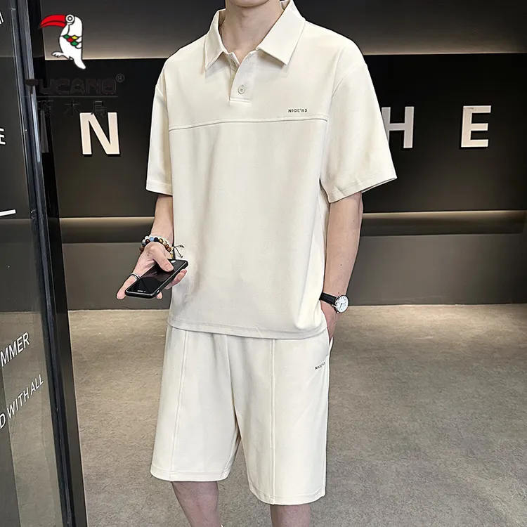 啄木鳥夏季短袖短裤套装男2025新款高级感重磅翻领POLO衫翻领t恤