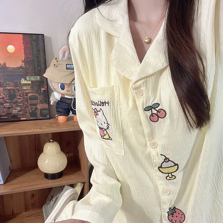 日系水果Kitty睡衣少女春秋季泡泡棉带胸垫长袖可爱家居服套装