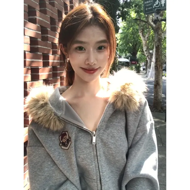 小熊耳朵毛领开衫卫衣设计感男女秋冬美式复古慵懒风情侣刺绣外套