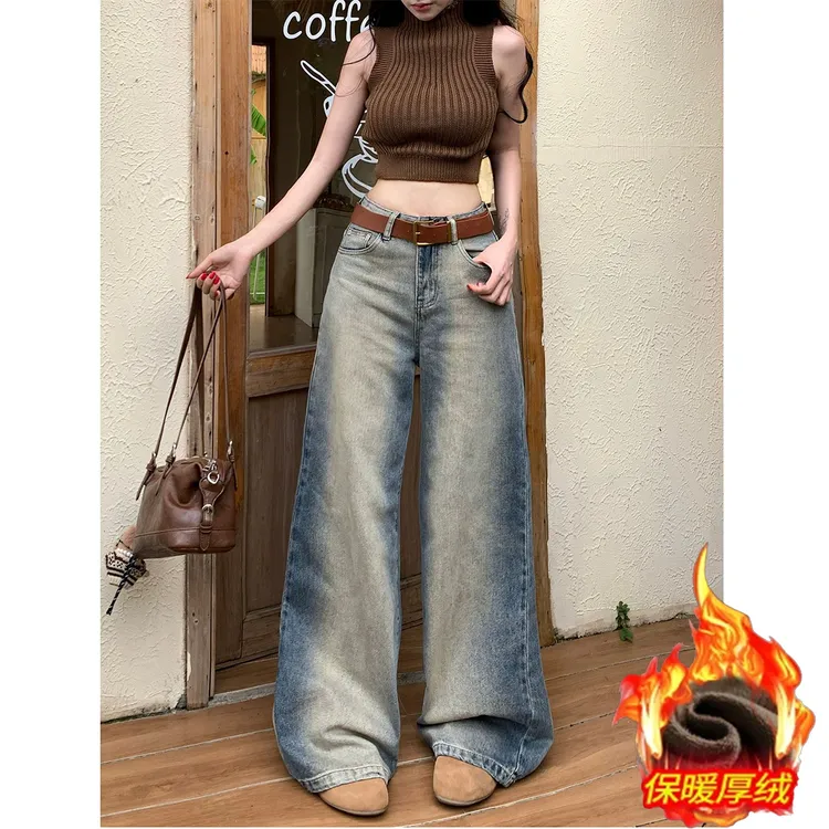 2025秋冬复古蓝牛仔裤冬季加绒加厚宽松韩版显瘦长款潮流