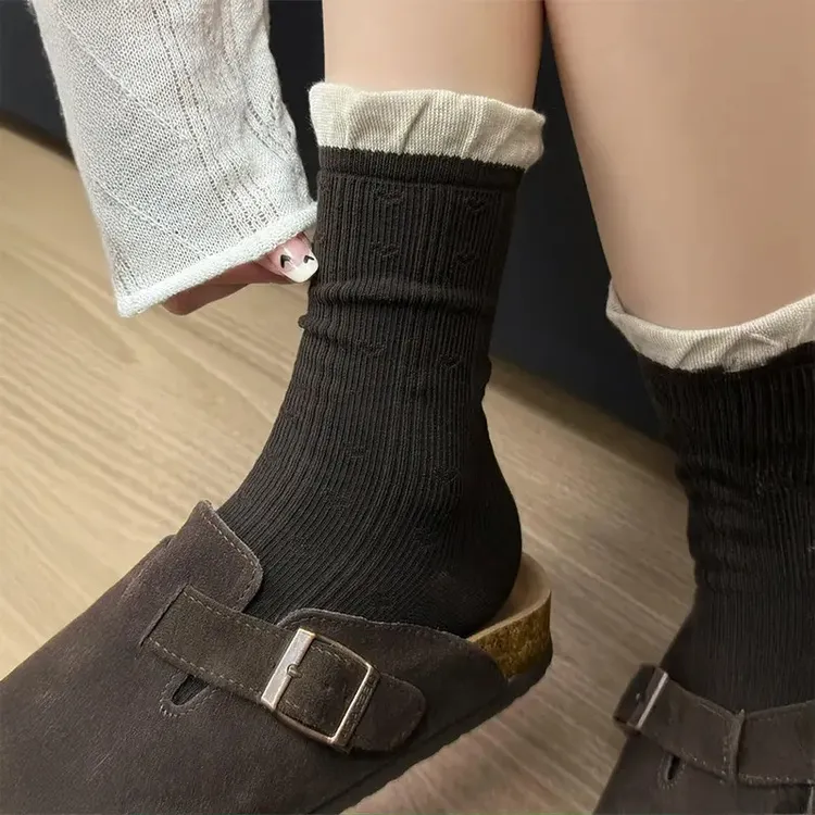 暗纹爱心泡泡口堆堆袜女秋季miu风拼色中筒袜简约休闲无骨中筒袜