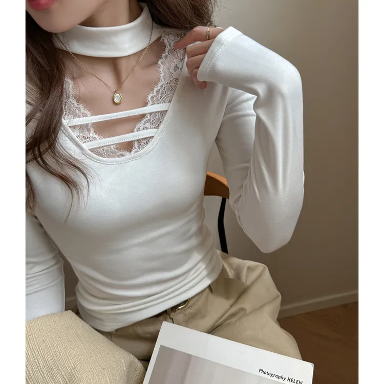 纯欲设计感磨毛蕾丝拼接领正肩长袖恤女内搭秋冬季高级感打底衫